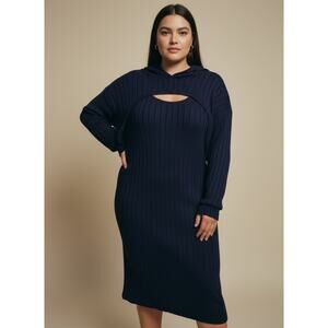 2 Pc Midi Sweater Set Cropped Hooded Sweater Blue Sleeveless Sweater Dress SZ 2X